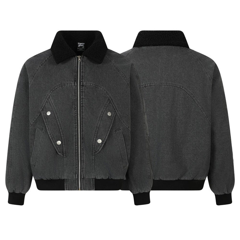 Retro Work Jacket Men Loose Lamb Velvet Turn-down Collar Washed Denim Coat Autumn Winter Streetwear Cotton Jacket