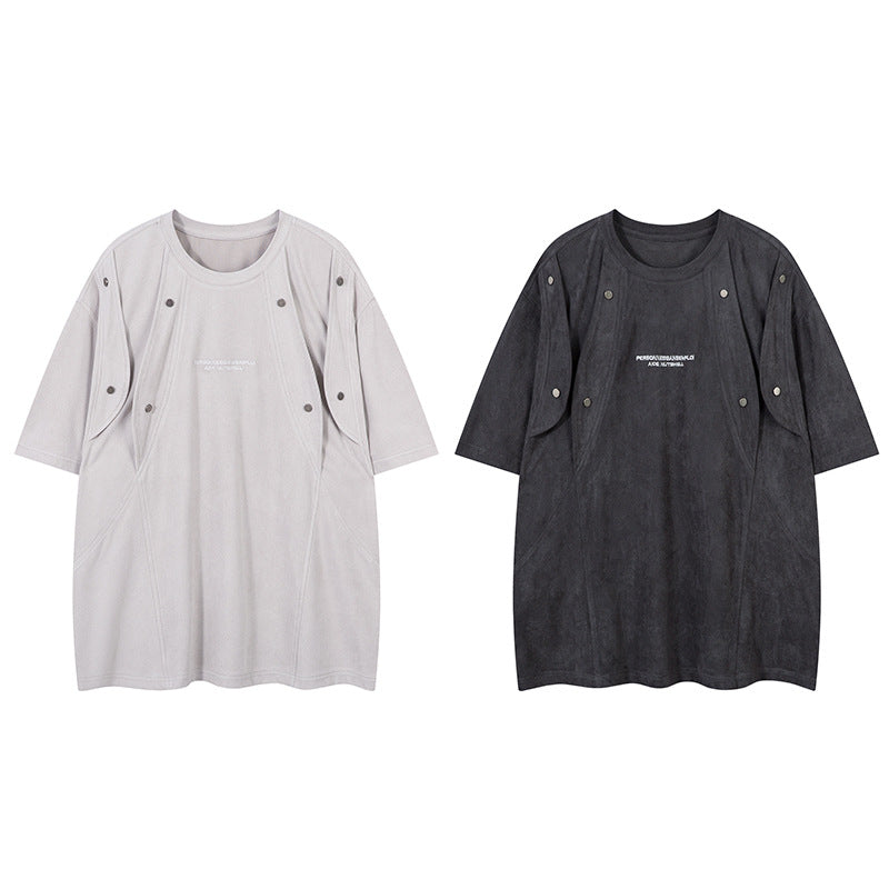 Short Sleeve T-Shirt Men Suede Splicing Loose Fit Tee