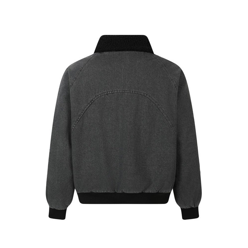 Retro Work Jacket Men Loose Lamb Velvet Turn-down Collar Washed Denim Coat Autumn Winter Streetwear Cotton Jacket