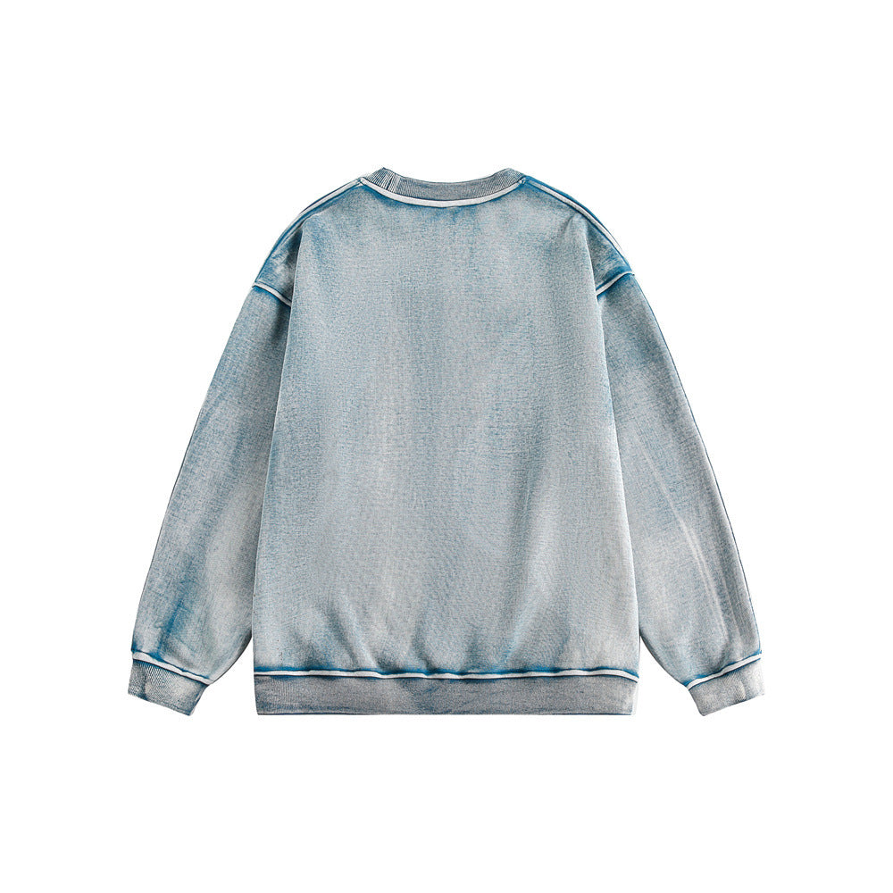 Distressed Embroidered Print Loose Round Neck Hoodie