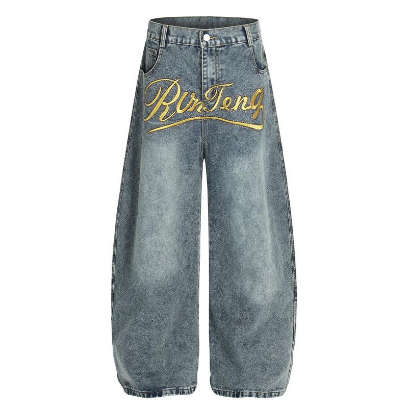 Retro Embroidered Letter Denim Pants, Washed Straight Leg Loose Floor-Length Trousers for Men and Women