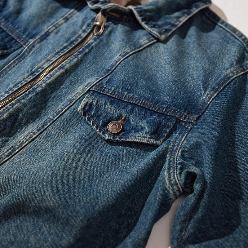 Style Turn-Down Collar Denim Jacket for Men, Vintage Distressed Casual Loose Fit Oversized Zip-Up Workwear Jacket