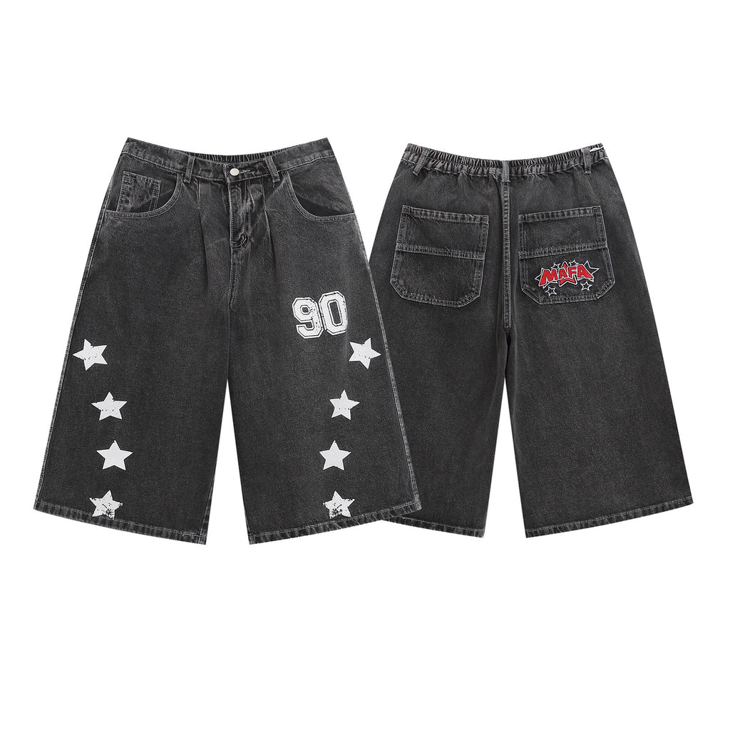 Retro Washed Letter Embroidered Seven-Quarter Denim Pants Men Loose Casual Straight Wide-Leg Mid-Length Trousers