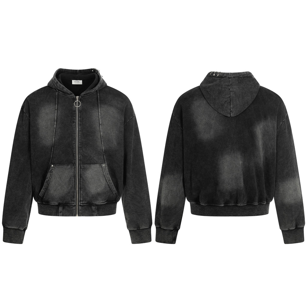 Retro Washed Black Distressed Zip-Up Hoodie for Men and Women, Streetwear Brand Clean Fit Couple Jacket