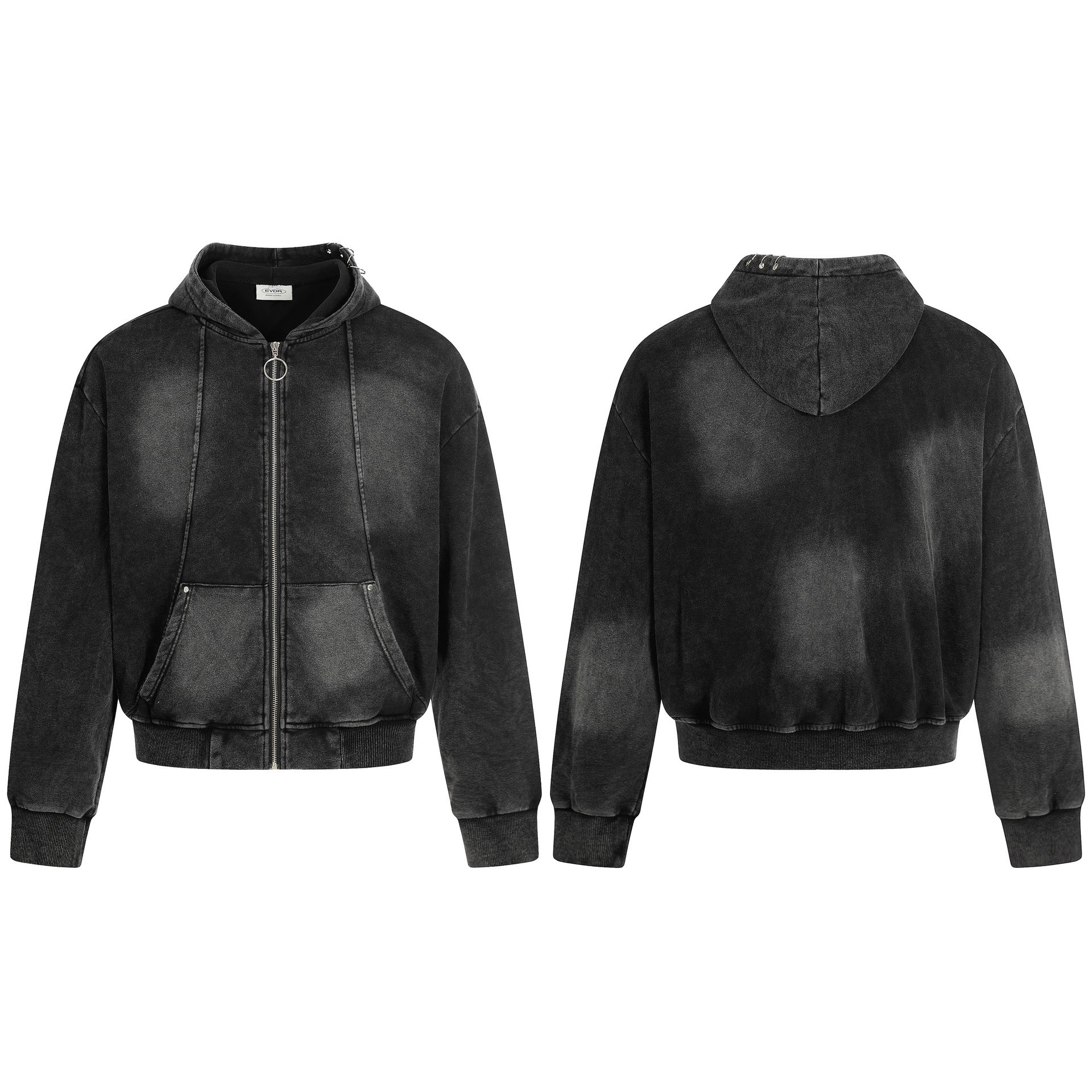 Retro Washed Black Distressed Zip-Up Hoodie for Men and Women, Streetwear Brand Clean Fit Couple Jacket