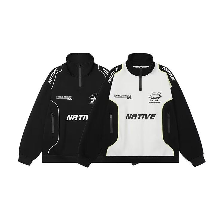 Retro letter printed color blocked racing suit hoodie