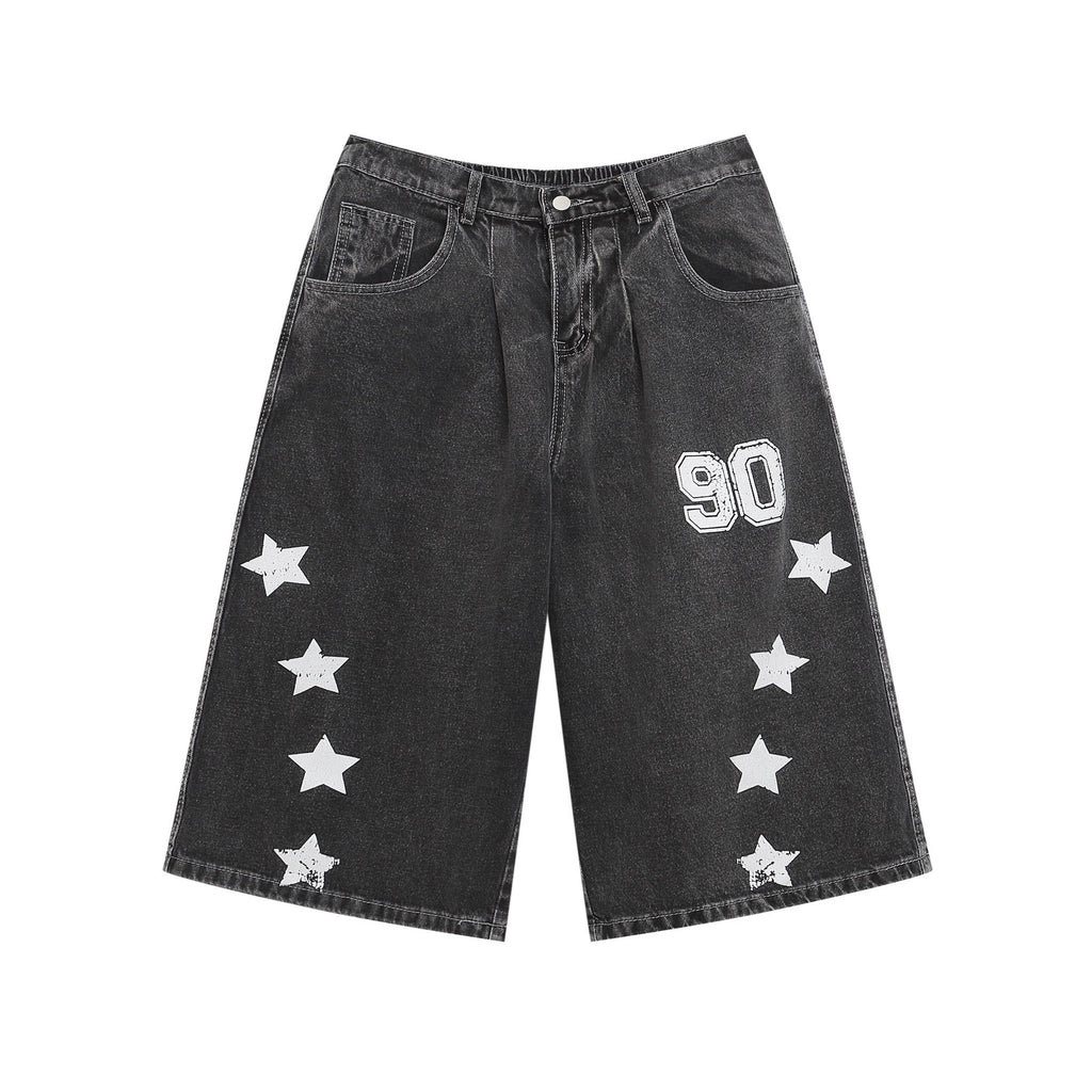 Retro Washed Letter Embroidered Seven-Quarter Denim Pants Men Loose Casual Straight Wide-Leg Mid-Length Trousers