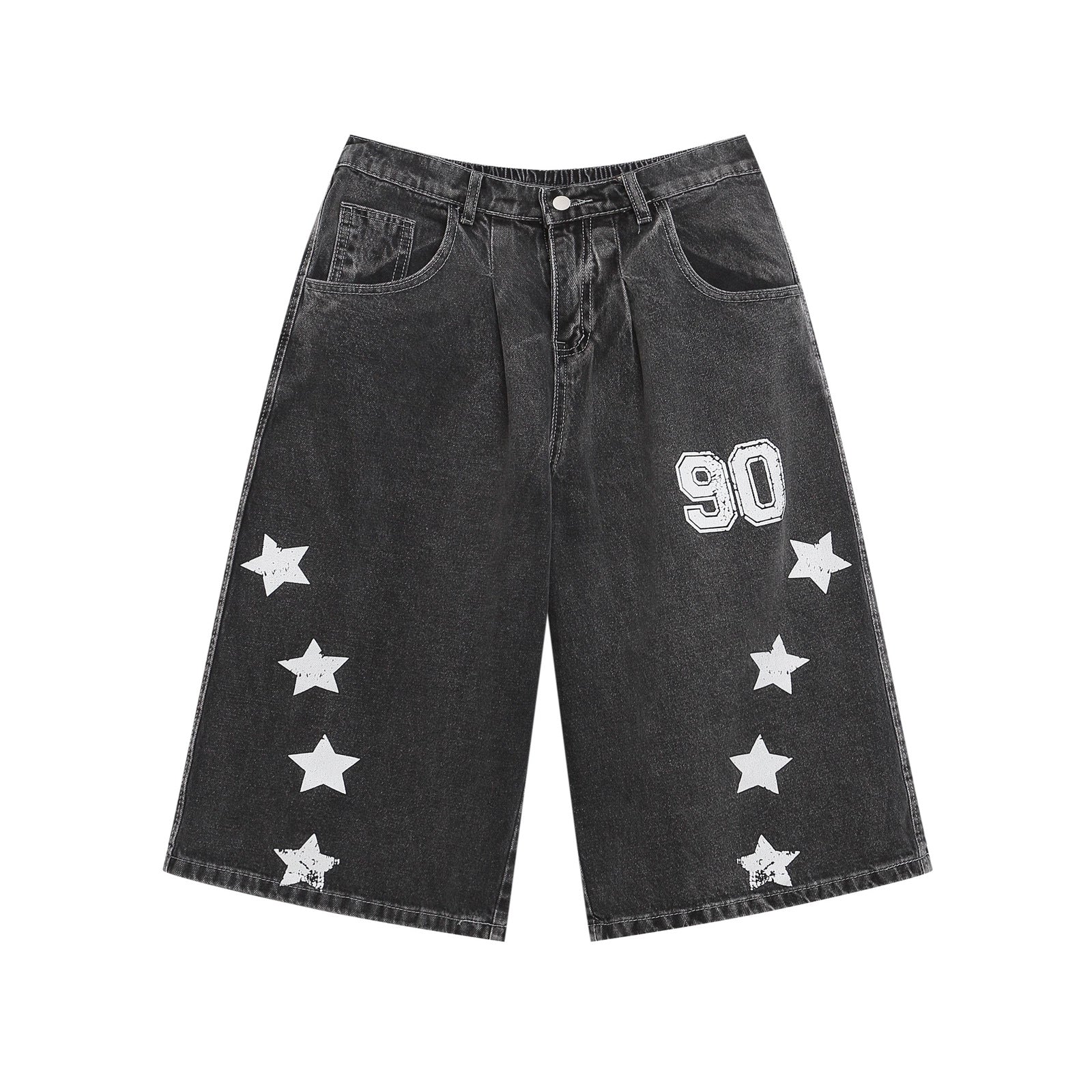 Retro Washed Letter Embroidered Seven-Quarter Denim Pants Men Loose Casual Straight Wide-Leg Mid-Length Trousers