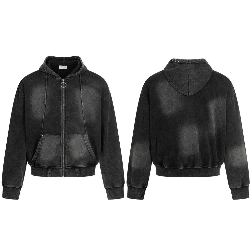 Retro Washed Black Distressed Zip-Up Hoodie for Men and Women, Streetwear Brand Clean Fit Couple Jacket