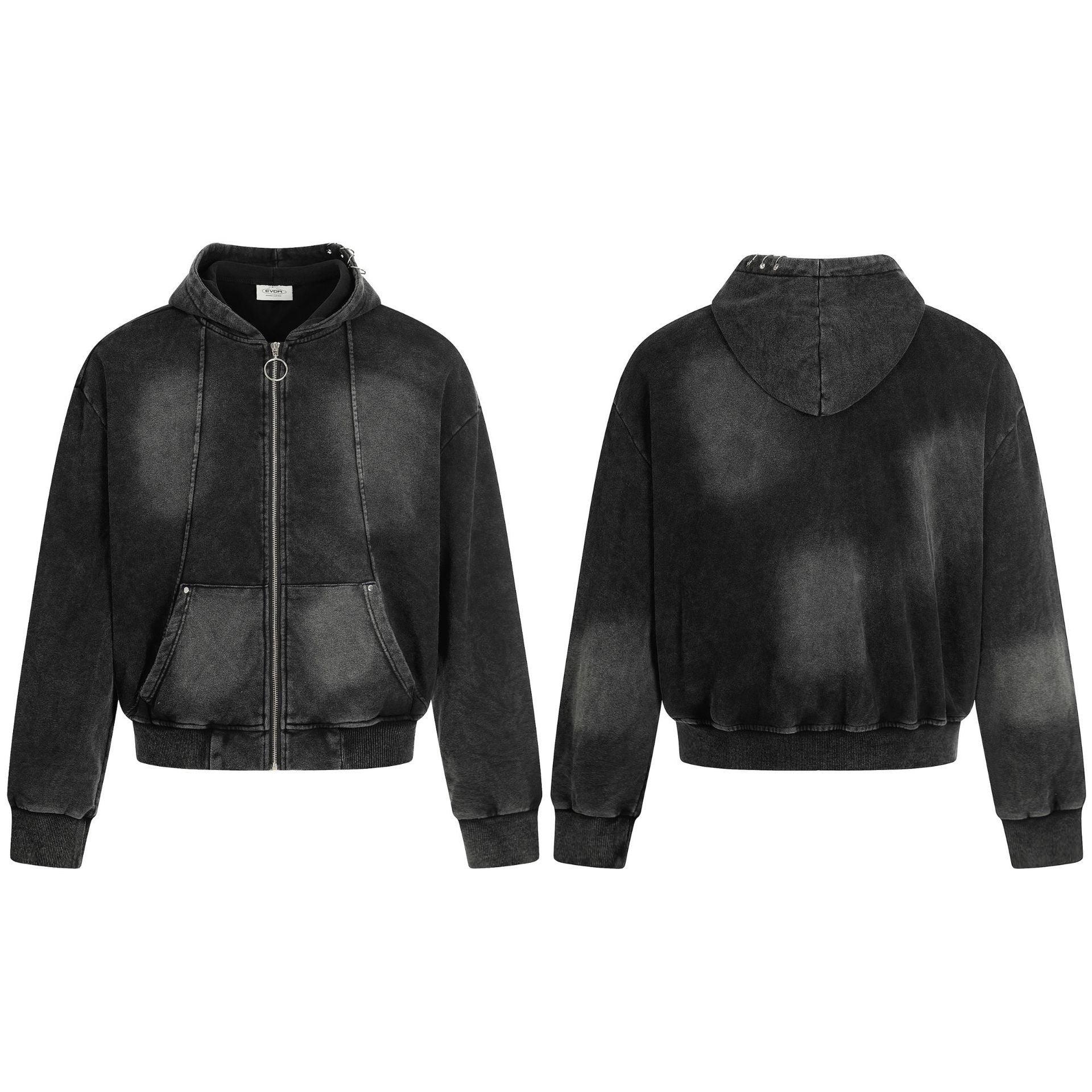 Retro Washed Black Distressed Zip-Up Hoodie for Men and Women, Streetwear Brand Clean Fit Couple Jacket