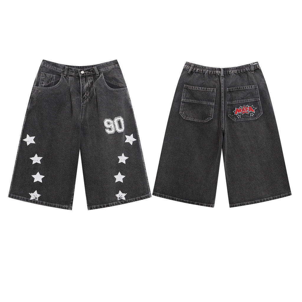 Retro Washed Letter Embroidered Seven-Quarter Denim Pants Men Loose Casual Straight Wide-Leg Mid-Length Trousers