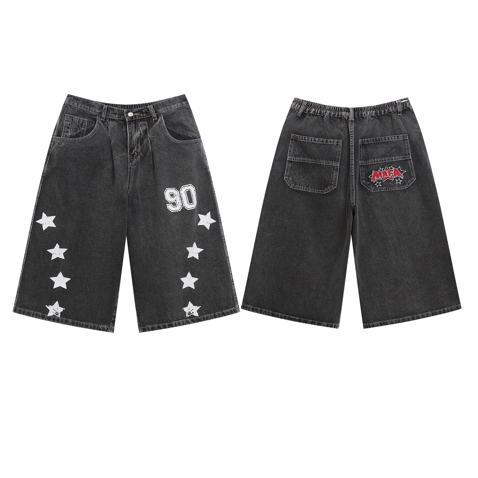 Retro Washed Letter Embroidered Seven-Quarter Denim Pants Men Loose Casual Straight Wide-Leg Mid-Length Trousers