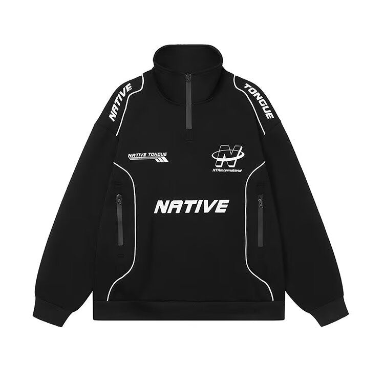 Retro letter printed color blocked racing suit hoodie