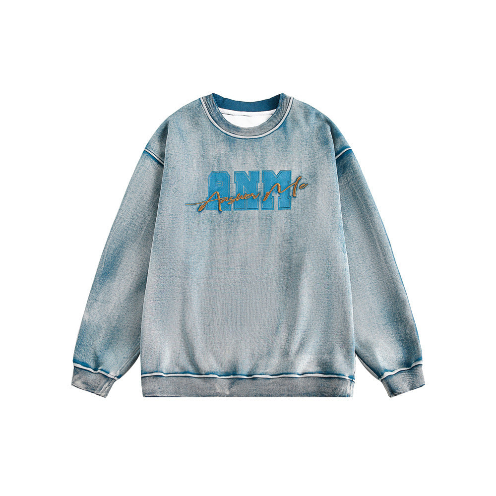 Distressed Embroidered Print Loose Round Neck Hoodie