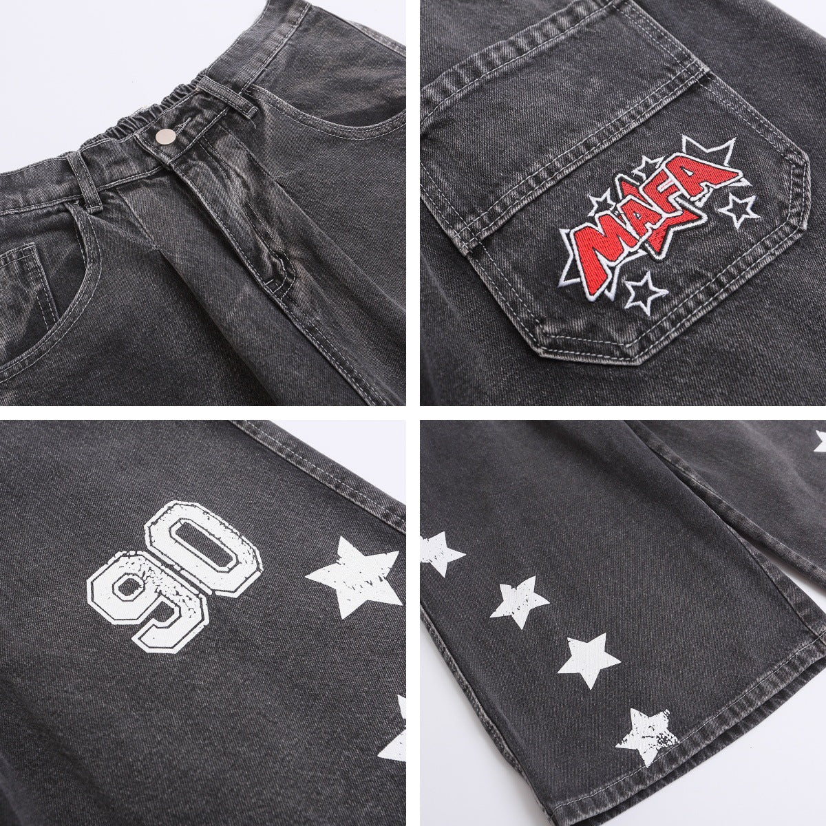 Retro Washed Letter Embroidered Seven-Quarter Denim Pants Men Loose Casual Straight Wide-Leg Mid-Length Trousers