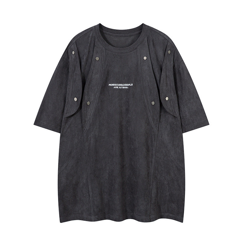 Short Sleeve T-Shirt Men Suede Splicing Loose Fit Tee