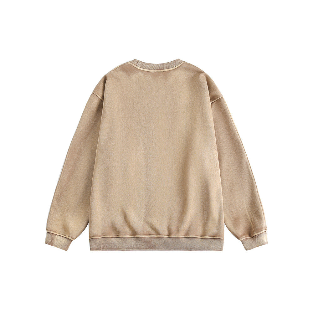 Distressed Embroidered Print Loose Round Neck Hoodie