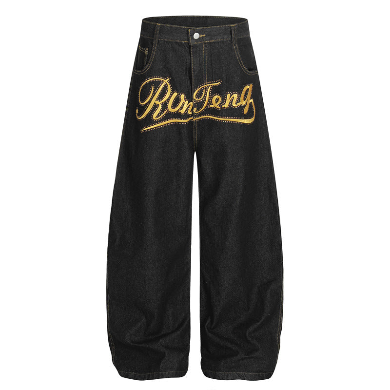 Retro Embroidered Letter Denim Pants, Washed Straight Leg Loose Floor-Length Trousers for Men and Women
