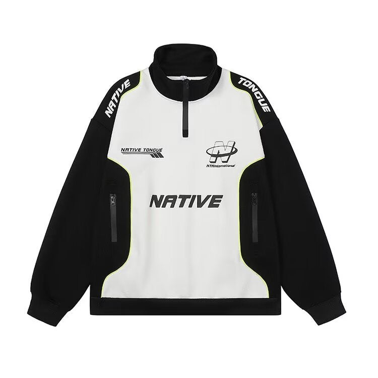 Retro letter printed color blocked racing suit hoodie