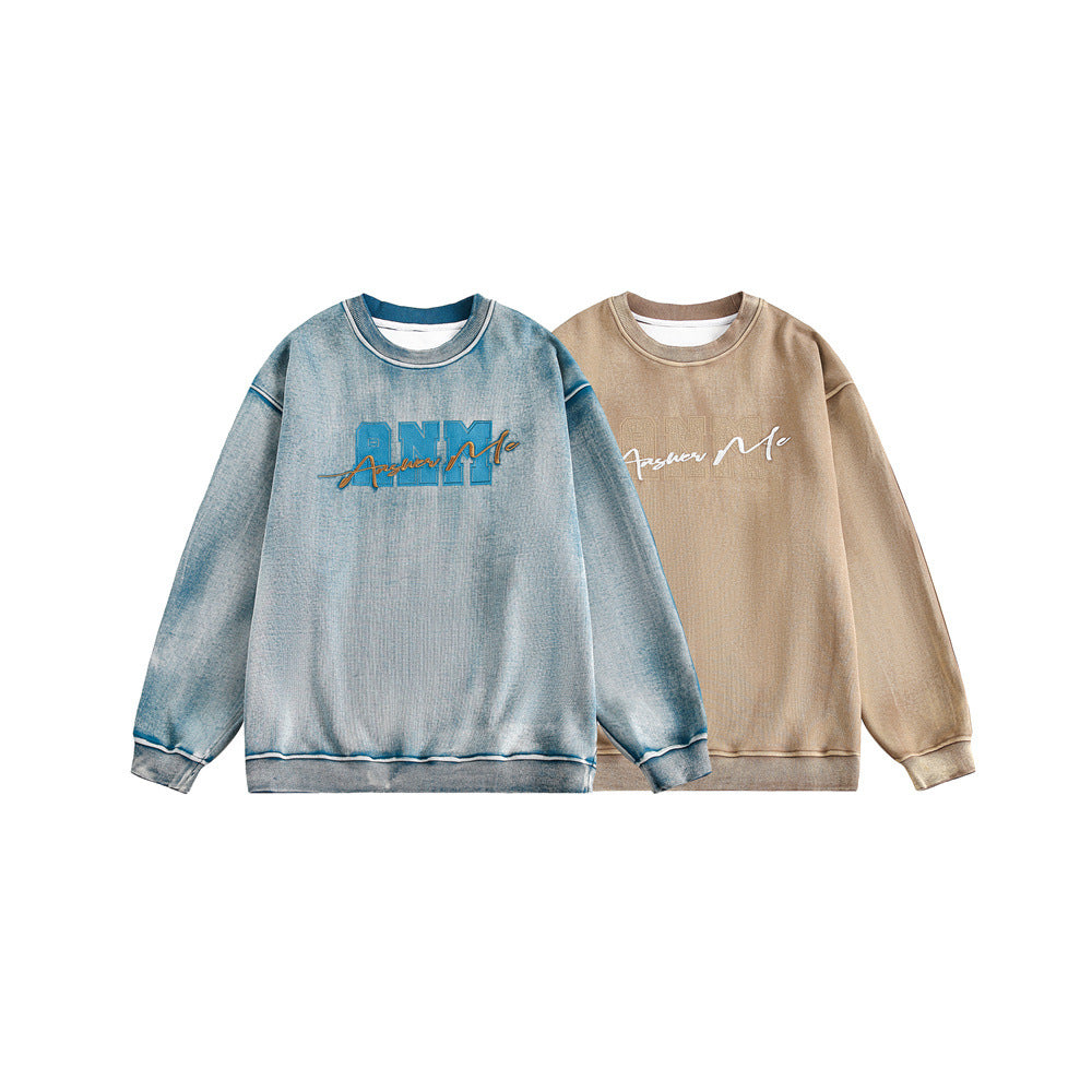 Distressed Embroidered Print Loose Round Neck Hoodie