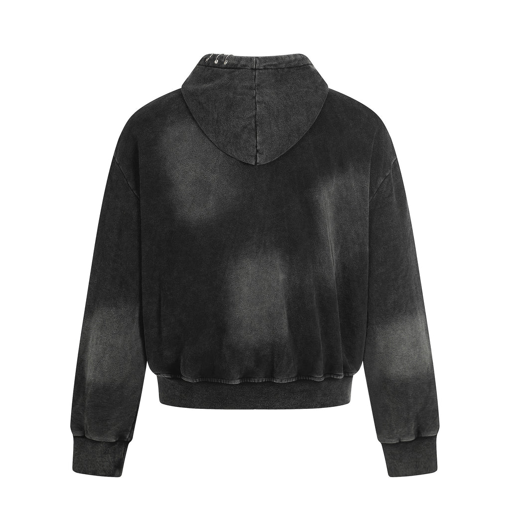 Retro Washed Black Distressed Zip-Up Hoodie for Men and Women, Streetwear Brand Clean Fit Couple Jacket