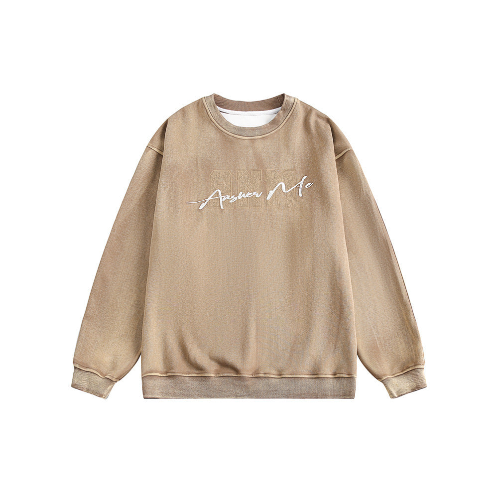 Distressed Embroidered Print Loose Round Neck Hoodie