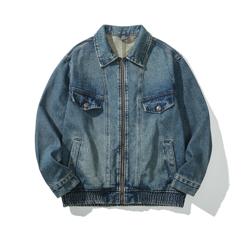 Style Turn-Down Collar Denim Jacket for Men, Vintage Distressed Casual Loose Fit Oversized Zip-Up Workwear Jacket