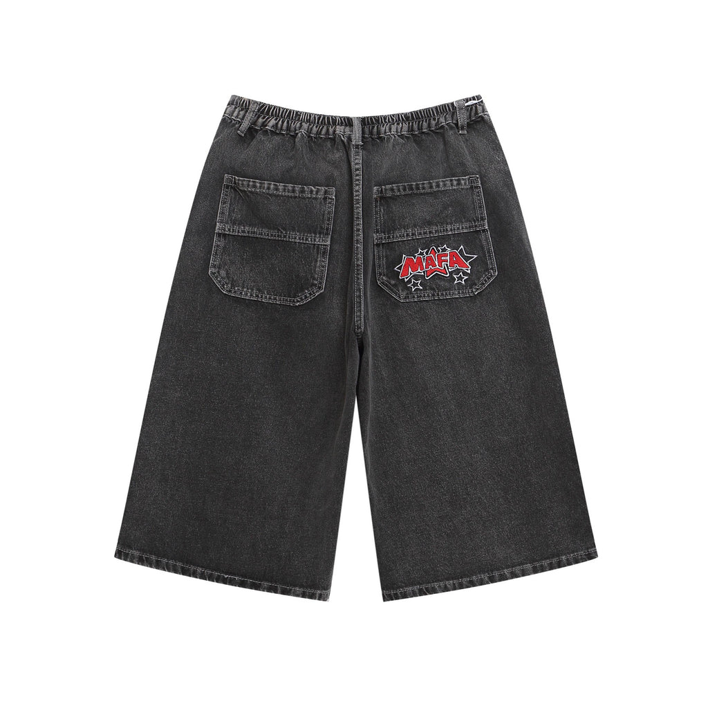 Retro Washed Letter Embroidered Seven-Quarter Denim Pants Men Loose Casual Straight Wide-Leg Mid-Length Trousers