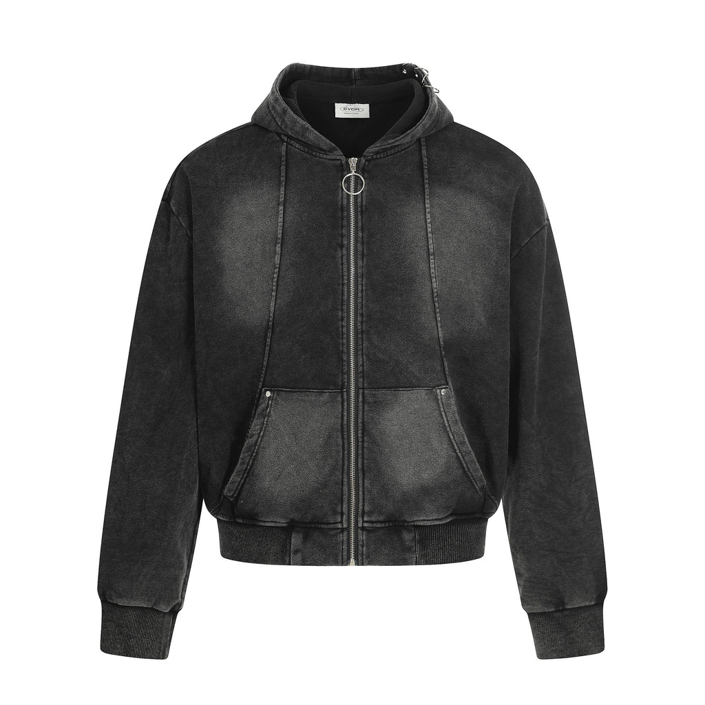 Retro Washed Black Distressed Zip-Up Hoodie for Men and Women, Streetwear Brand Clean Fit Couple Jacket