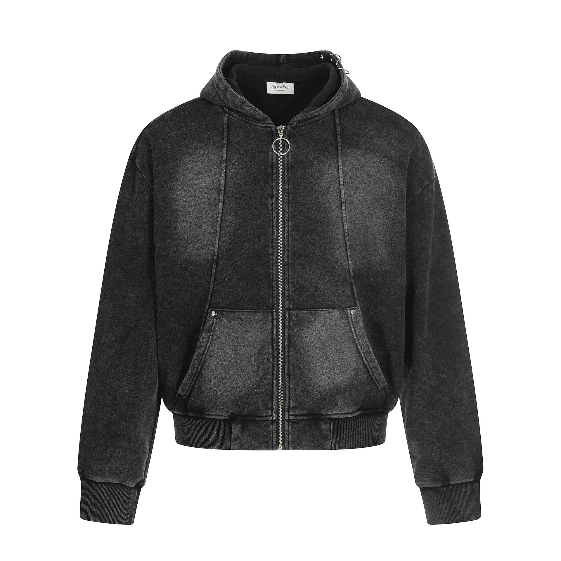 Retro Washed Black Distressed Zip-Up Hoodie for Men and Women, Streetwear Brand Clean Fit Couple Jacket