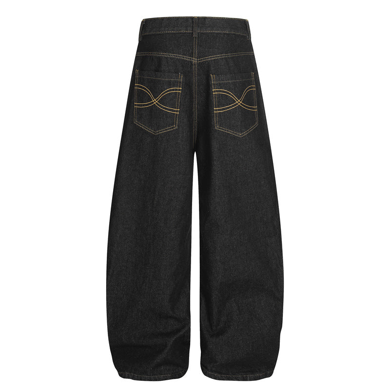 Retro Embroidered Letter Denim Pants, Washed Straight Leg Loose Floor-Length Trousers for Men and Women