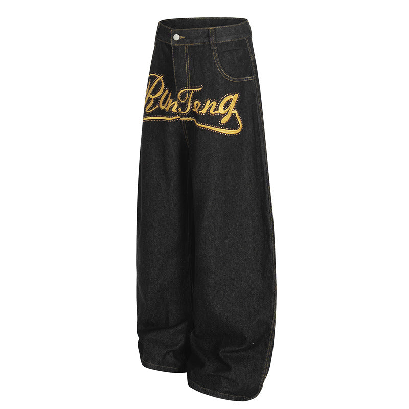 Retro Embroidered Letter Denim Pants, Washed Straight Leg Loose Floor-Length Trousers for Men and Women