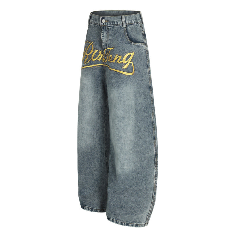 Retro Embroidered Letter Denim Pants, Washed Straight Leg Loose Floor-Length Trousers for Men and Women